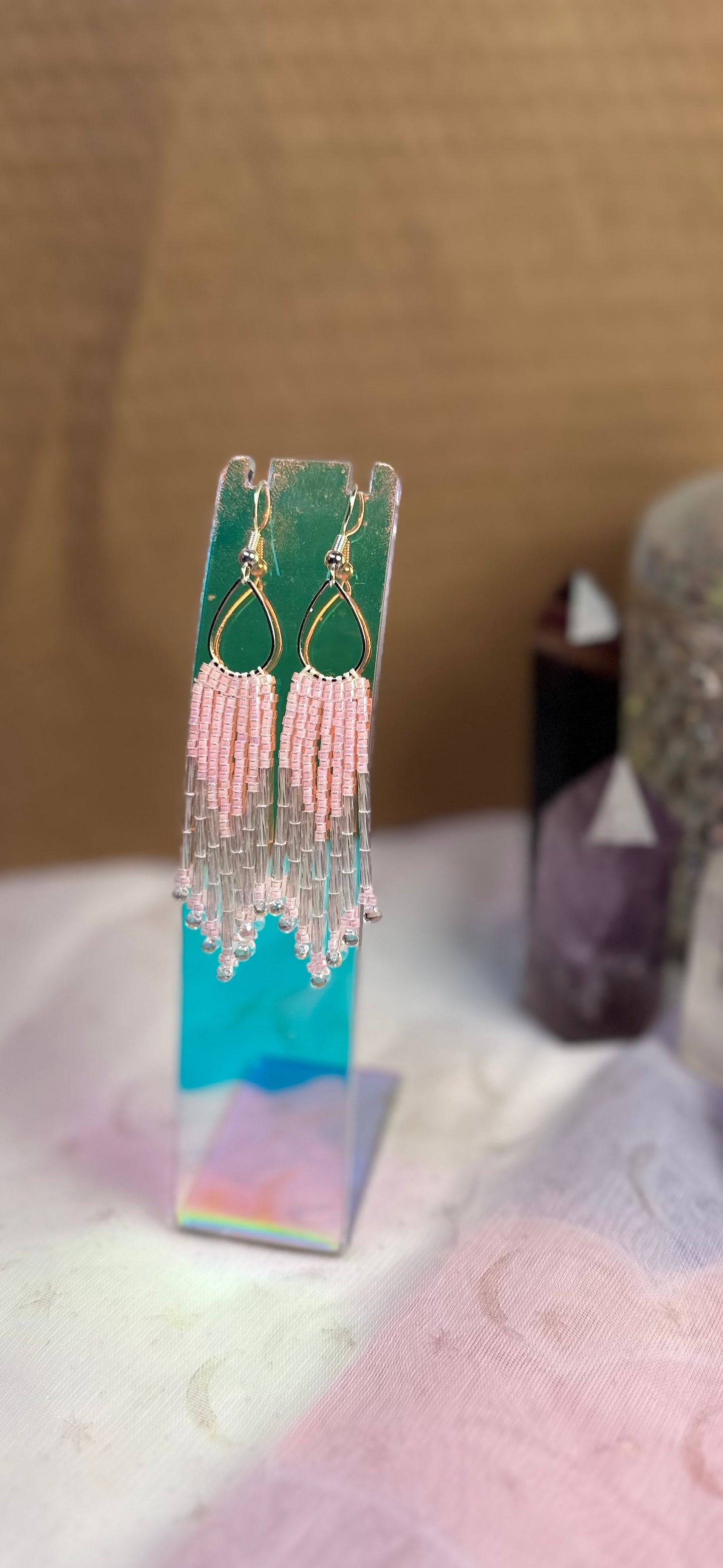 Small pink teardrop, sparkle fringe earrings