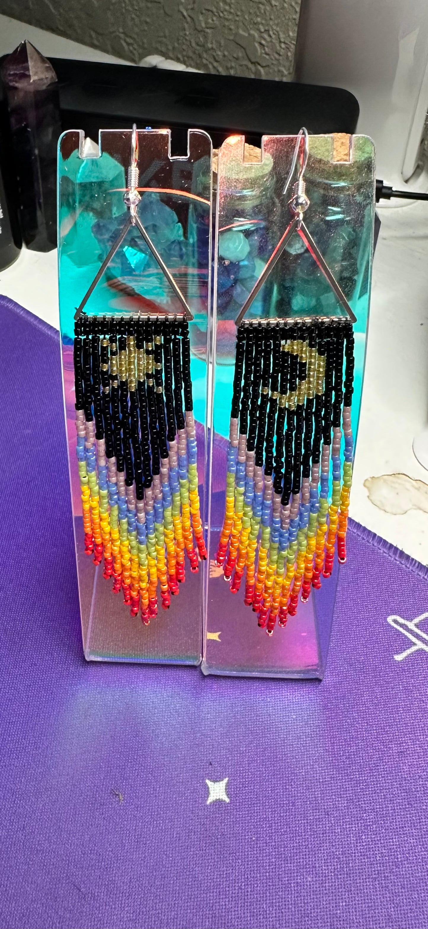 Triangle frame, Rainbow fringe earrings