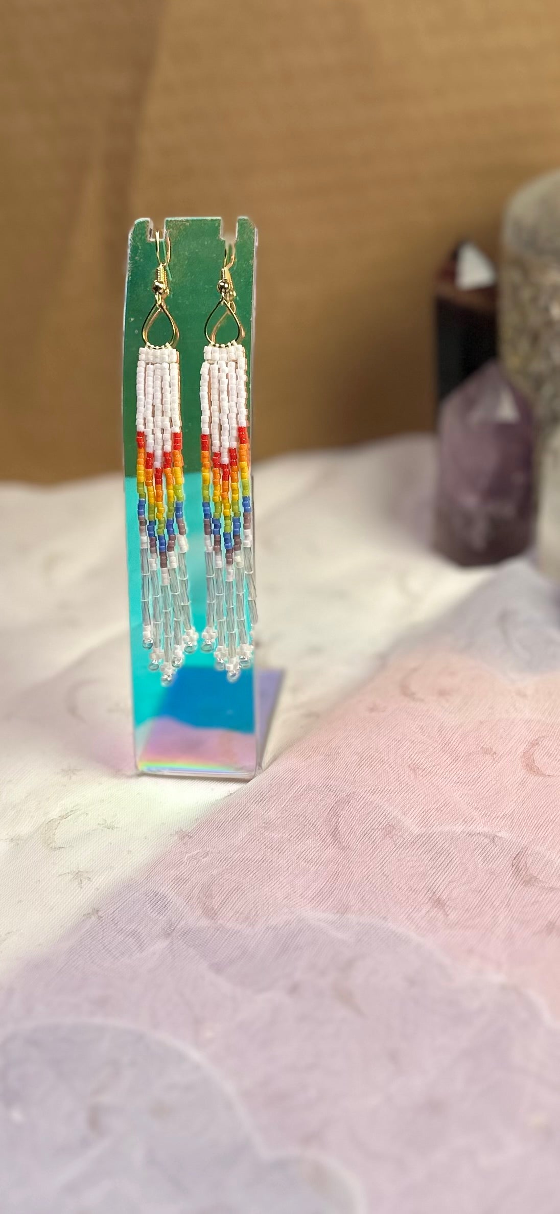 Tiny Rainbow teardrop, white fringe earrings
