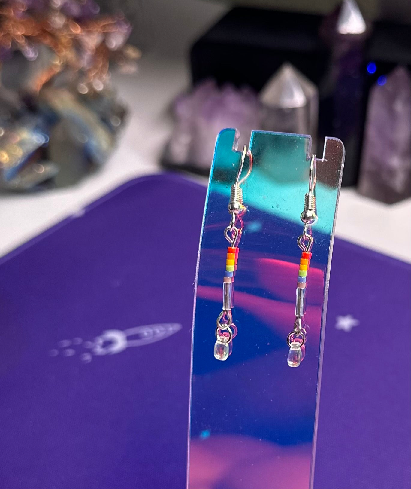 Tiny beaded rainbow drop sparkle earrings