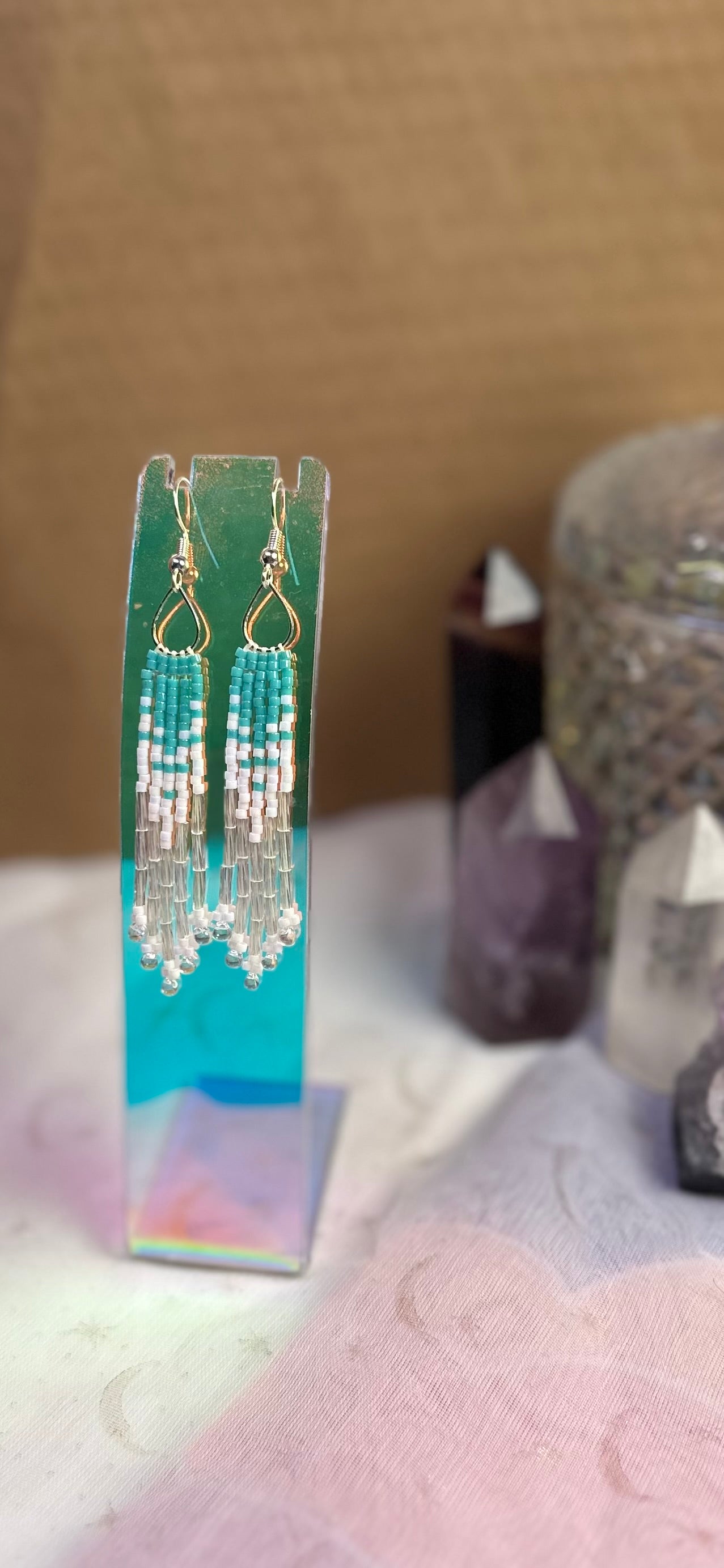 Tiny teal teardrop, white fringe earrings