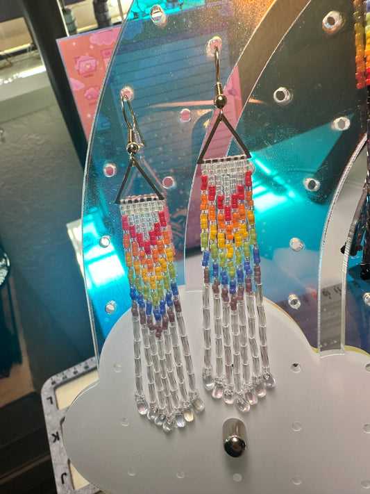 Tiny rainbow triangle, sparkle fringe earrings