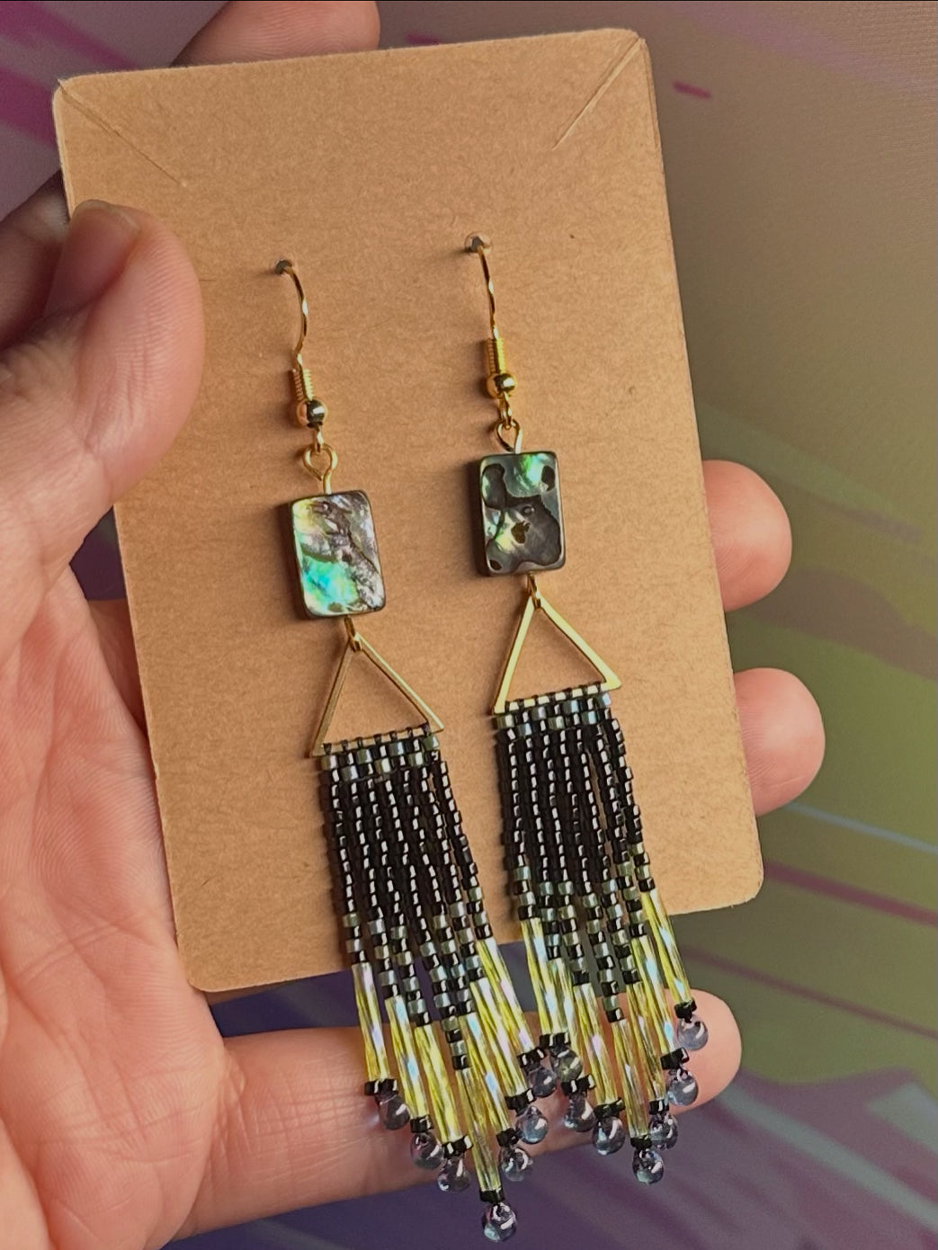 Abalone, black and green beaded earrings