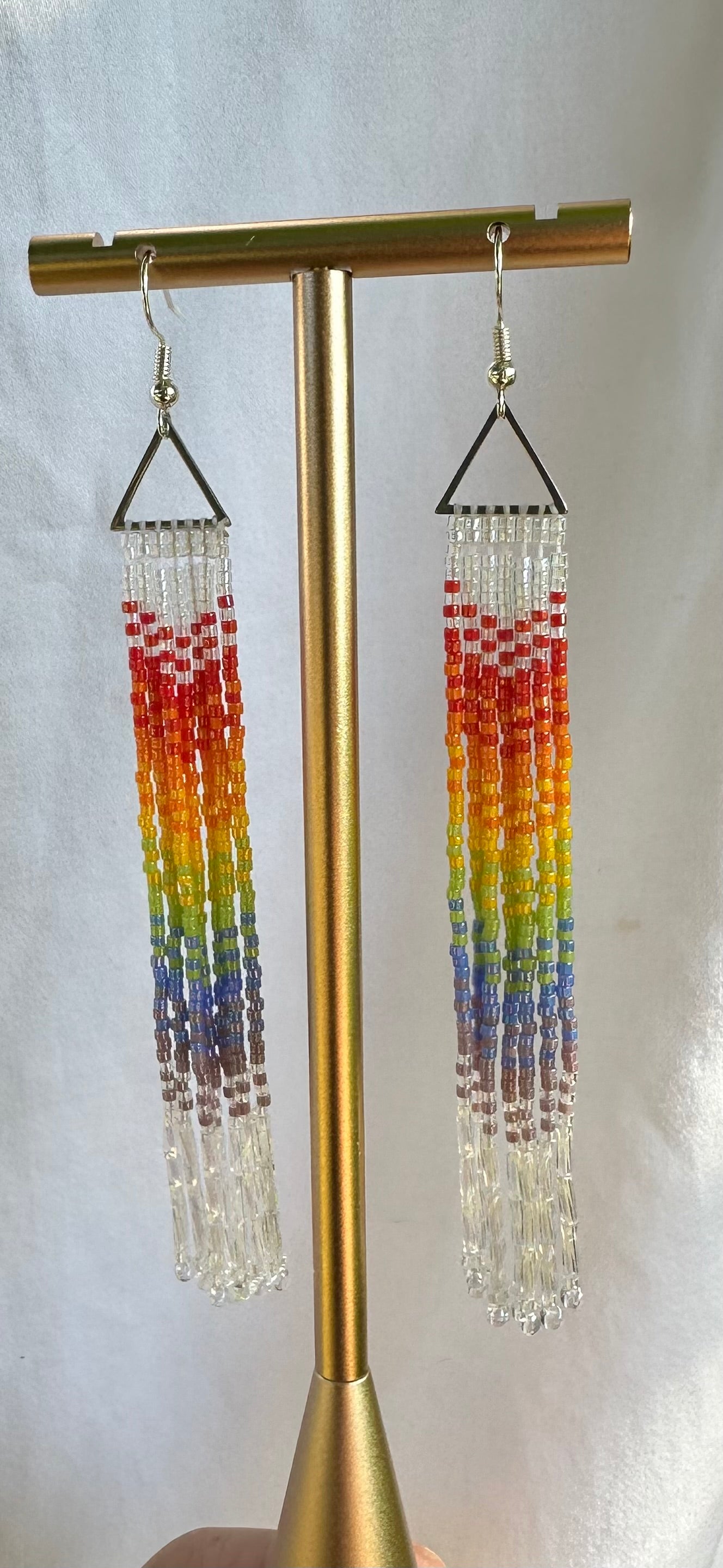 Tiny rainbow gradient triangle, sparkle fringe earrings