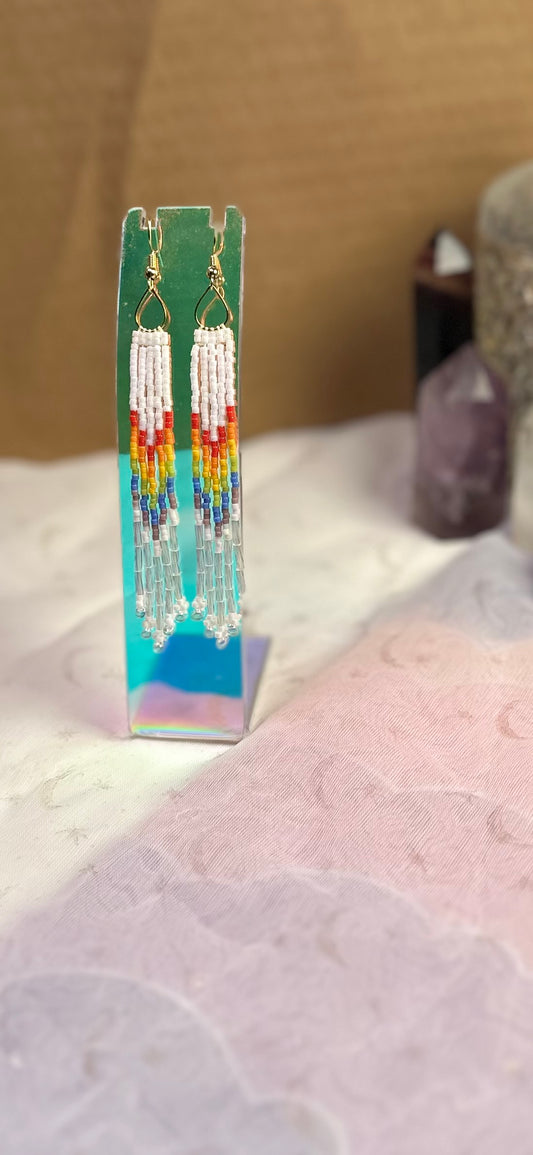 Tiny Rainbow teardrop, white fringe earrings