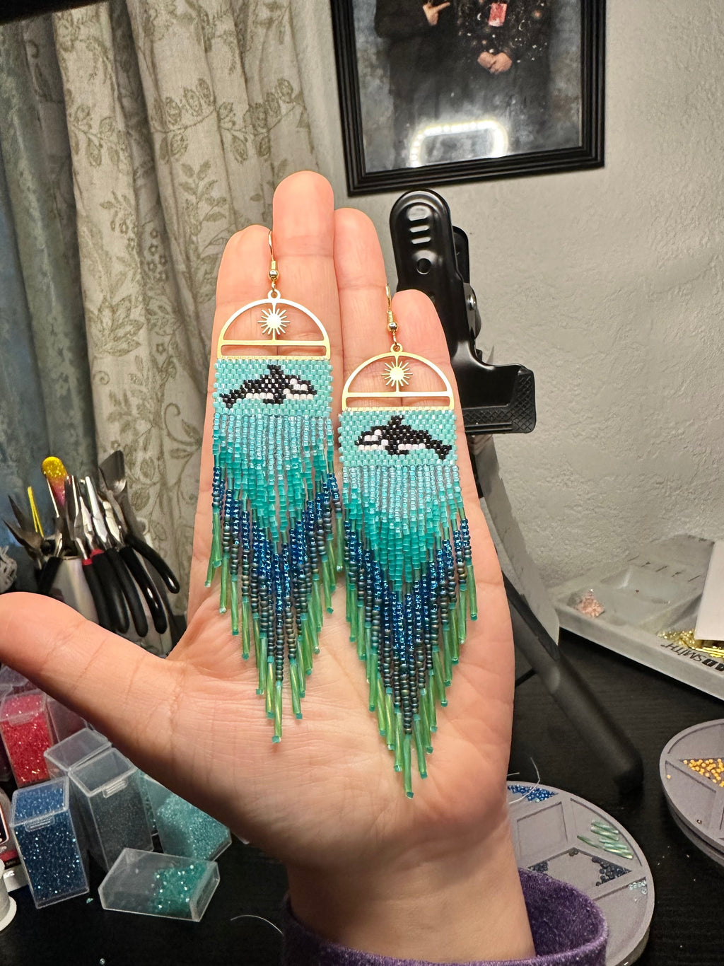 Beaded orca earrings