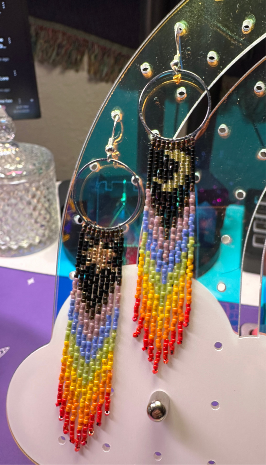 Round frame, moon and sun rainbow fringe earrings