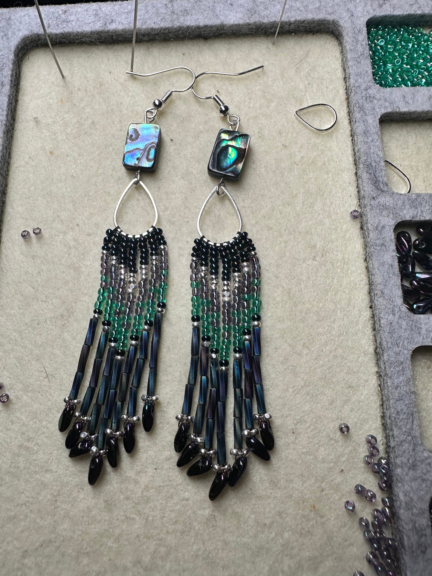 Abalone, teardrop beaded earrings