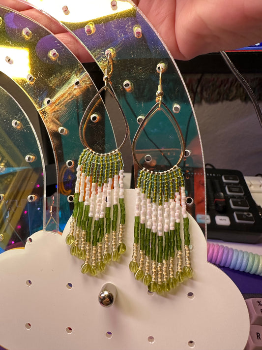 Green and white tear drop fringe earrings