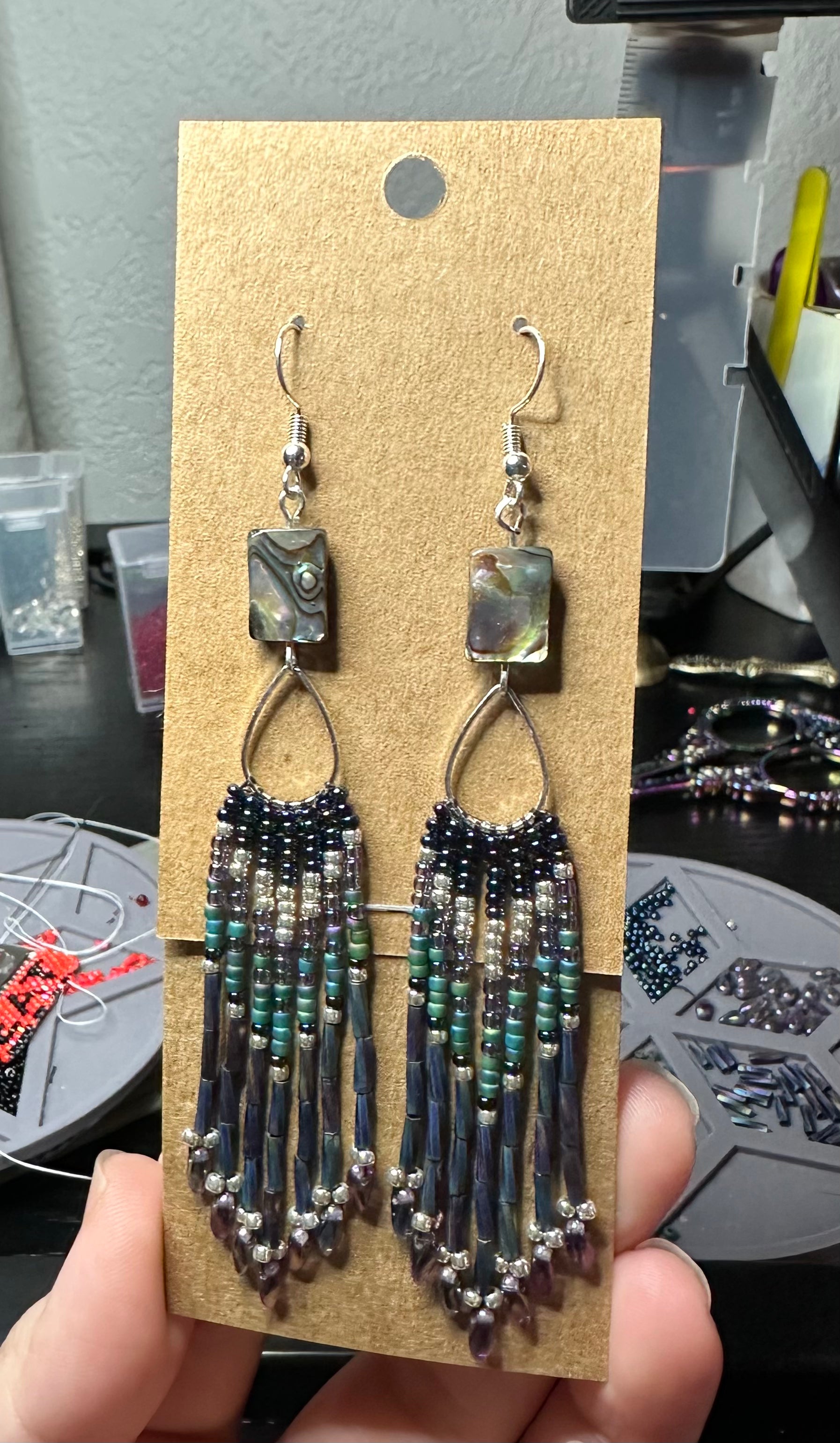 Abalone, teardrop beaded earrings