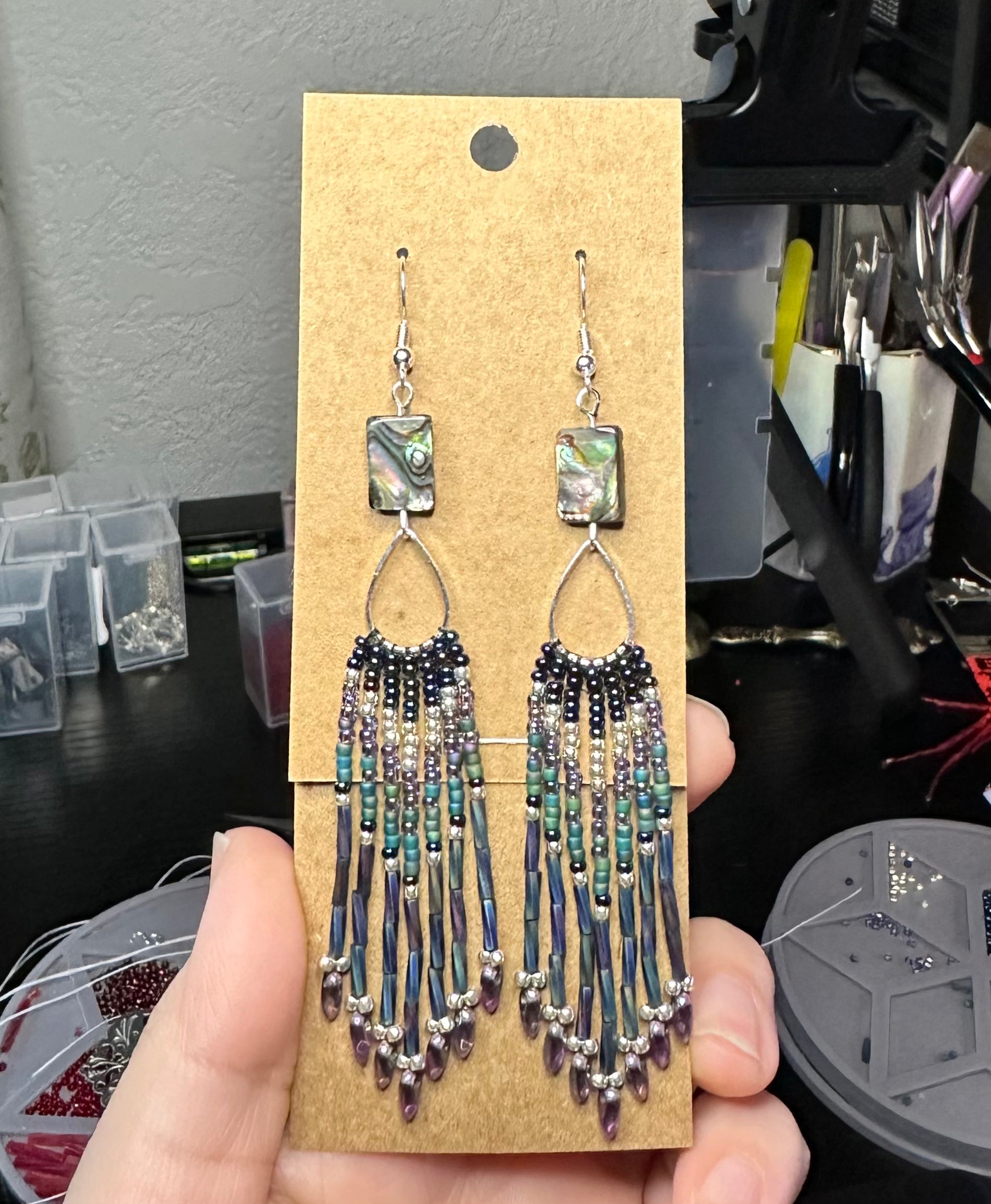 Abalone, teardrop beaded earrings