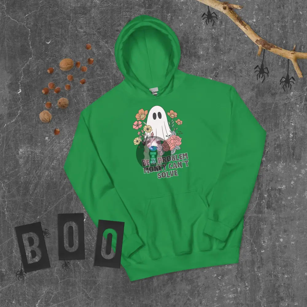 Halloween 2024 Be A Problem Can’t Solve Ghost Flowers Unisex Hoodie Irish Green / S