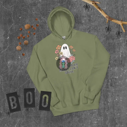 Halloween 2024 Be A Problem Can’t Solve Ghost Flowers Unisex Hoodie Military Green / S