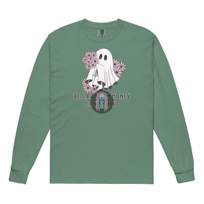 Halloween 2024 Be A Problem Ghost Flowers Garment-Dyed Heavyweight Long-Sleeve Shirt Light Green / S