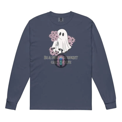 Halloween 2024 Be A Problem Ghost Flowers Garment-Dyed Heavyweight Long-Sleeve Shirt Navy / S