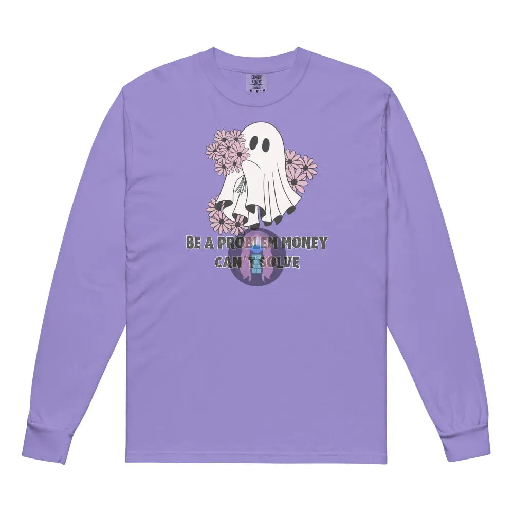 Halloween 2024 Be A Problem Ghost Flowers Garment-Dyed Heavyweight Long-Sleeve Shirt Violet / S