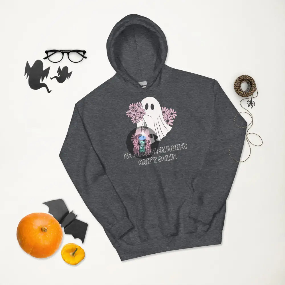 Halloween 2024 Be A Problem Money Can’t Solve Ghost Purple Flowers Unisex Hoodie Dark Heather / S