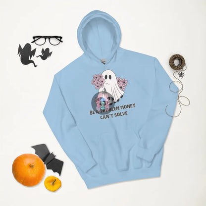 Halloween 2024 Be A Problem Money Can’t Solve Ghost Purple Flowers Unisex Hoodie Light Blue / S