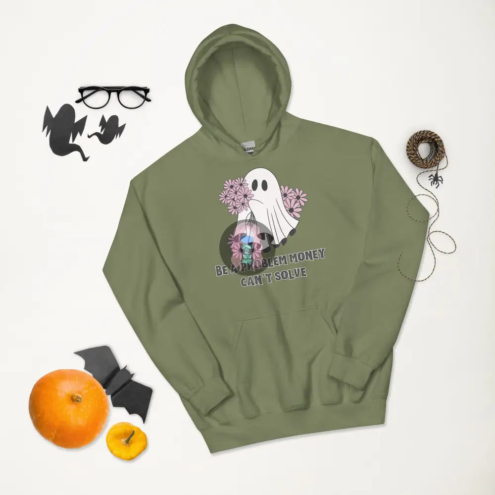 Halloween 2024 Be A Problem Money Can’t Solve Ghost Purple Flowers Unisex Hoodie Military Green / S