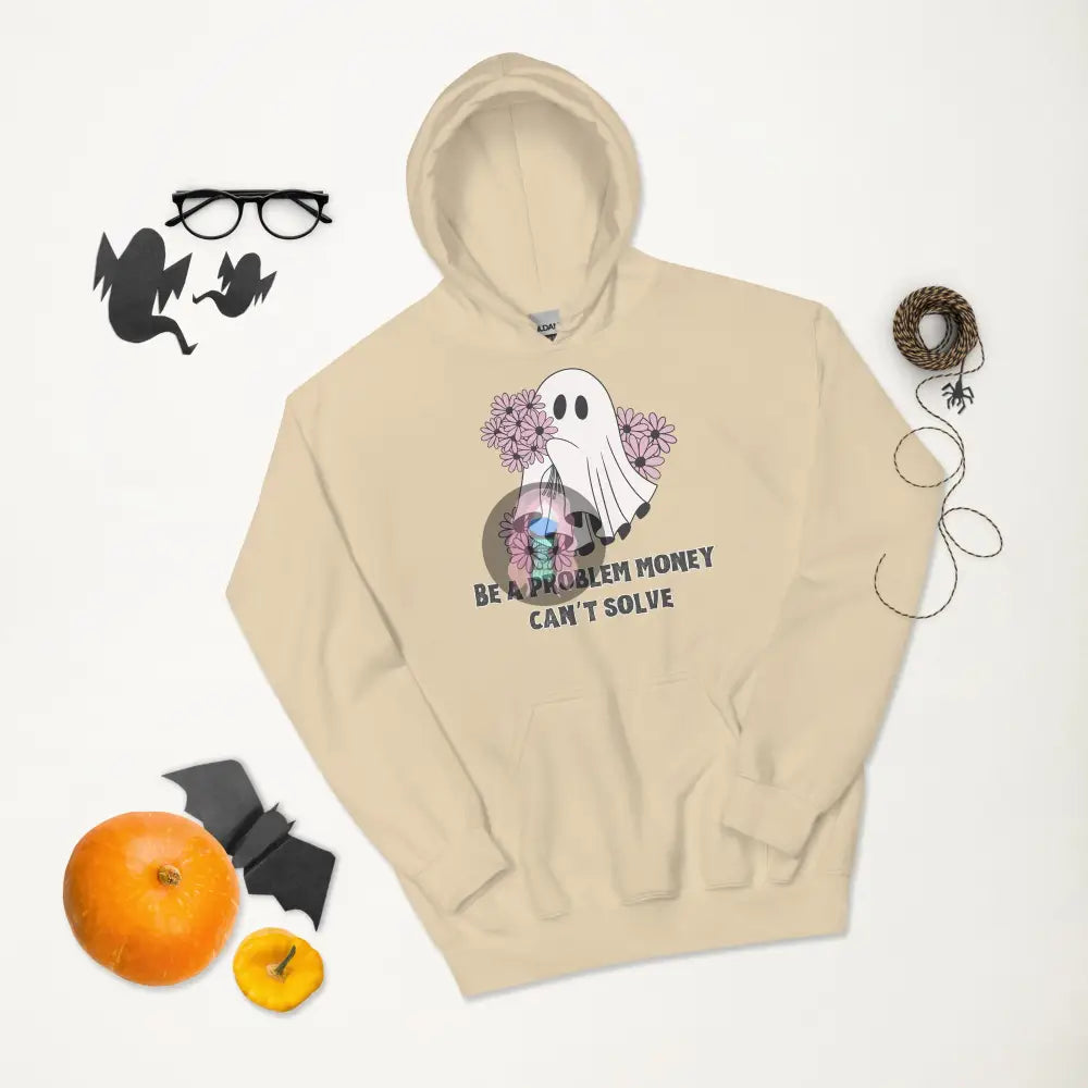 Halloween 2024 Be A Problem Money Can’t Solve Ghost Purple Flowers Unisex Hoodie Sand / S