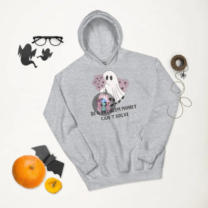 Halloween 2024 Be A Problem Money Can’t Solve Ghost Purple Flowers Unisex Hoodie Sport Grey / S