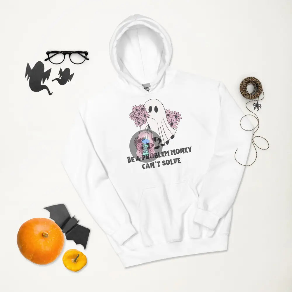 Halloween 2024 Be A Problem Money Can’t Solve Ghost Purple Flowers Unisex Hoodie White / S