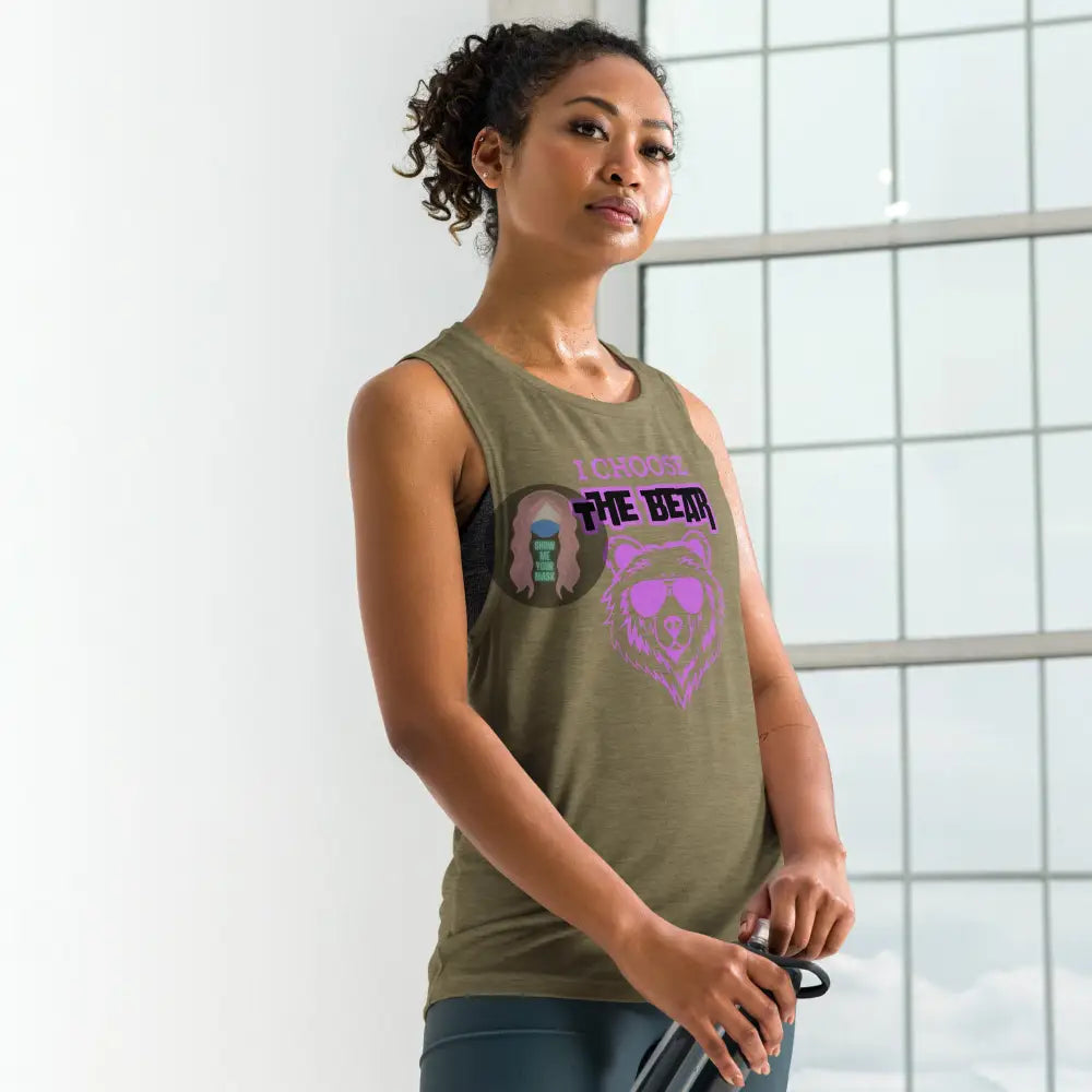 ’I Choose The Bear’ Ladies’ Muscle Tank Heather Olive / S