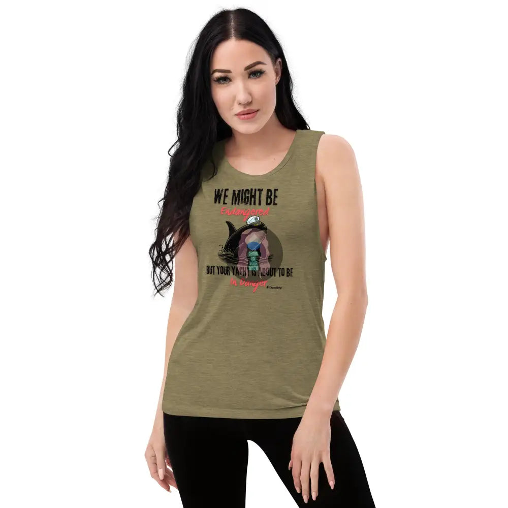 Orca ’We Might Be Endangered’ Ladies’ Muscle Tank Heather Olive / S
