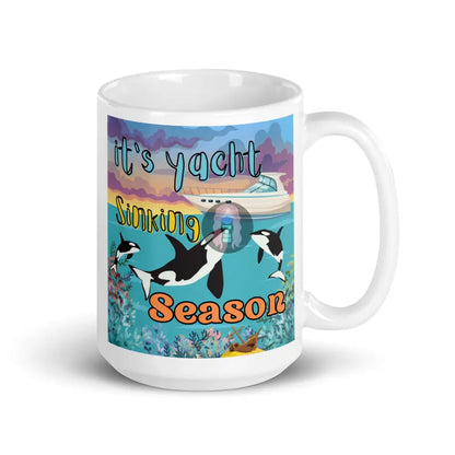 Orca ’Yacht Sinking Season’ White Glossy Mug 15 Oz