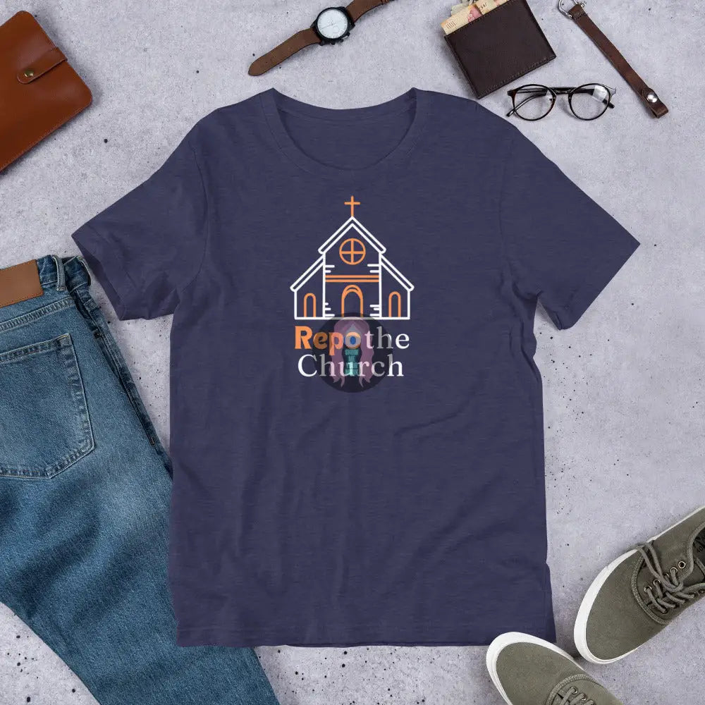 ’Repo The Church’ Unisex T-Shirt Heather Midnight Navy / Xs